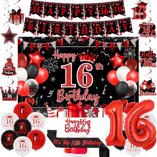 Sursurprise Rote und schwarze Dekoration zum 16. Geburtstag für Jungen und Mädchen, Happy 16th Birthday Backdrop Banner, Kuchendekoration, hängende Wirbel, Schärpe, Zahl 16 Luftballons, Partyzubehör von Sursurprise