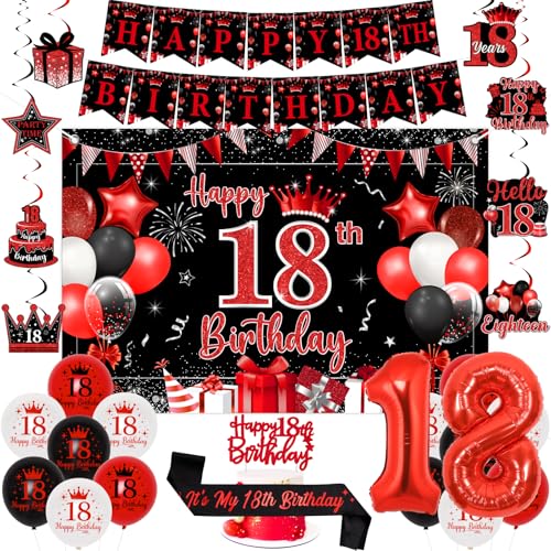 Sursurprise Rote und schwarze Dekoration zum 18. Geburtstag für Jungen und Mädchen, Happy 18th Birthday Hintergrund Banner, Kuchendekoration, hängende Wirbel, Schärpe, Zahl 18 Luftballons von Sursurprise