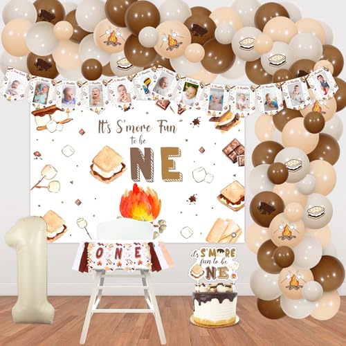 Sursurprise S'more 1st Birthday Decorations, It's S'more Fun To Be One First Birthday Backdrop Cake Topper Photo Banner High Chair Banner Balloon Garland Arch Kit, Camping Camp Camper Party Supplies von Sursurprise