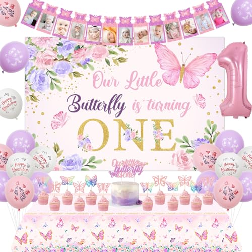 Sursurprise Schmetterling 1. Geburtstag Dekorationen für Mädchen, Our Sursurprise Little Sursurprise Is Turning One-Kuchenaufsatz, Fotobanner, Tischdecke, Luftballons, Schmetterling erster Geburtstag von Sursurprise