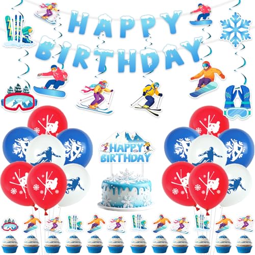 Sursurprise Skifahren Geburtstag Party Dekorationen, Schnee Ski Geburtstag Banner Kuchen Topper Cupcake Topper Snowboard hängenden wirbelt Ballons, Skifahrer Wintersport Themed Party Supplies von Sursurprise