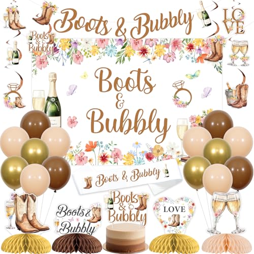 Sursurprise Stiefel und Bubbly Bridal Shower Dekorationen, Stiefel und Bubbly Banner Hintergrund hängen wirbelt Kuchen Topper Schärpe Wabe Mittelstücke Ballons, Cowgirl Bachelorette Party Supplies von Sursurprise