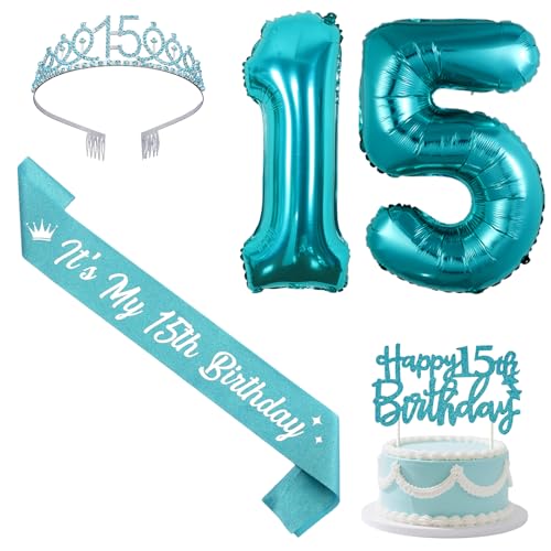 Sursurprise Teal 15th Birthday Decorations with Sash and Tiara, Happy 15th Birthday Cake Topper, Number 15 Balloons, 15 Year Old Bday Party Supplies for Girls von Sursurprise