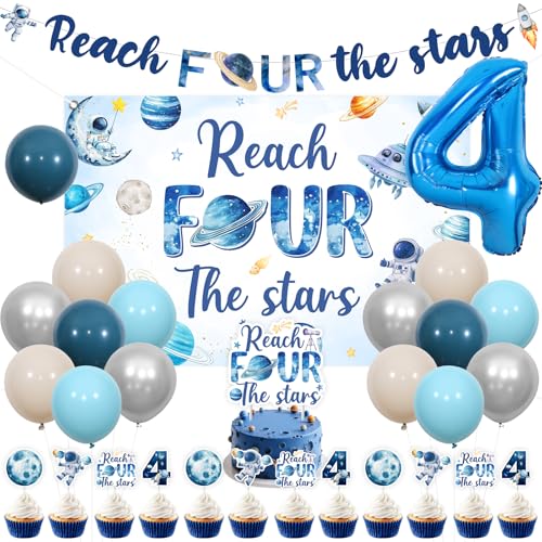 Sursurprise Weltraum-Dekorationen zum 4. Geburtstag, Reach Four The Stars Banner Hintergrund, Kuchendekoration, Cupcake-Dekoration, Ballons für Astronauten, Planeten, Raketen, Partyzubehör Sursurprise Weltraum-Dekorationen zum 4. Geburtstag, Reach Four The Stars Banner Hintergrund, Kuchendekoration, Cupcake-Dekoration, Ballons für Astronauten, Planeten, Raketen, Partyzubehör von Sursurprise