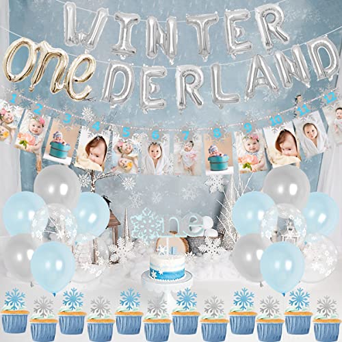 Sursurprise Winter Onederland 1. Geburtstag Dekorationen für Junge - Luftballons, Schneeflocke Foto Banner für Ersten Geburtstag Party von Sursurprise