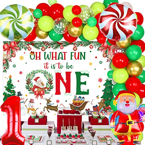Weihnachts-Party-Dekorationen, Weihnachtsballon-Girlande, Bogen-Set mit Oh What Fun It Is To Be One Hintergrund für Jungen oder Mädchen, Winterurlaub, 1. Geburtstag, Partyzubehör von Sursurprise