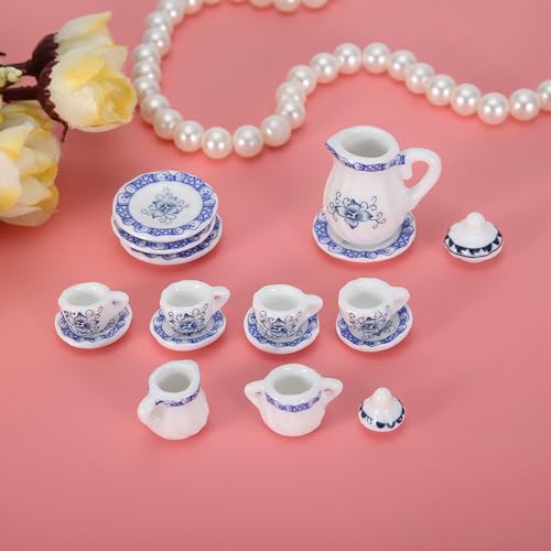 Sustvita 1:12 Puppenhauszubehör Porzellan Miniatur Teebassen für Puppenhaus Miniature Teeset und Miniaturküchendekoration (Blau weiße Porzellanfarbe) von SustVita