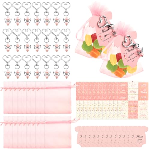 Sutowe 36 Sets Babyparty-Geschenktüten mit Engel-Schlüsselanhängern, Etikettenaufklebern, Karten, 9x12cm großen Organza-Tüten für Taufgeschenke und Dankeschön-Geschenke von Sutowe