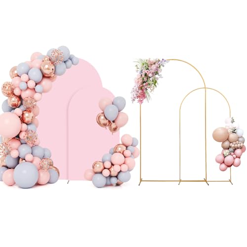Bogen-Hintergrundständer aus Metall, 2 Stück, mit rosa Abdeckung (2 m + 1,8 m), goldener Hochzeitsbogenständer, Ballonbogen für Geburtstagsparty, Babyparty, Abschlussfeier, Zeremonie, Dekoration von SuuWoee
