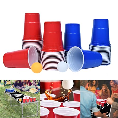 Suusolny Bierpong Becher Set Beer Pong Becher mit Enthält 100 Becher (16oz) & 10 Bällen Partybecher Trinkbecher Mehrwegbecher Plastikbecher für Party Geburtstag Party Trinkspiele Partyspiel von Suusolny