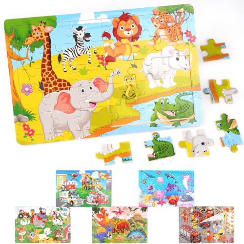 6er-Set Holzpuzzle für Kinder, Holzpuzzlespielzeug für Kinder, Holzpuzzle mit je 30 Teilen, Lernspielzeug für Kinder, für Kinder ab 3 4 5 6 Jahren von Svalor