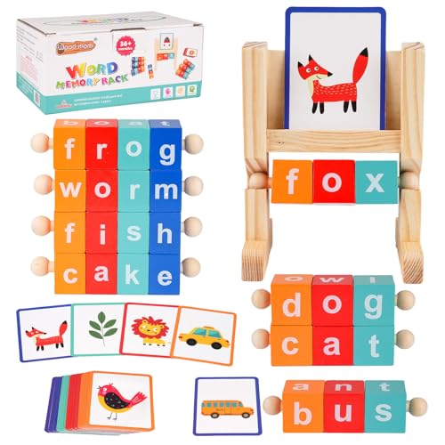 Lernspielzeug für 4+ Jährige, Spinning Wooden Phonics Toys, Rechtschreib- und Leseblöcke, Rechtschreibspiele, Alphabet Wordcraft Spielzeug mit CVC Lernkarten, Geschenk für 3-5 Jahre alte Vorschule von Svalor