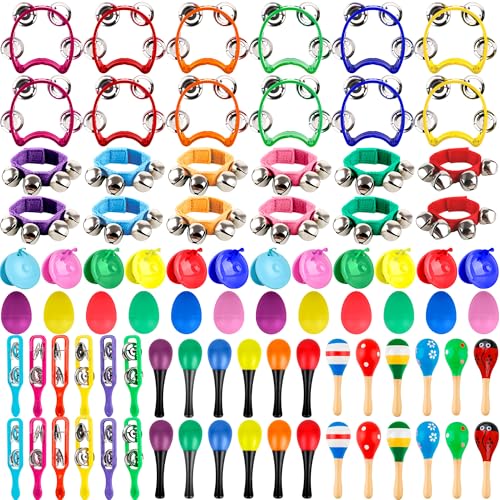 84-teiliges Shaker-Musikinstrument-Set mit 12 Kunststoff-Tamburin-Glocken, 24 Maracas, 12 bunten Becken, 12 Eier-Shaker, 12 Handgelenkglocken mit 12 Kastagnetten für Vorschule, frühes Musiklernen 84-teiliges Shaker-Musikinstrument-Set mit 12 Kunststoff-Tamburin-Glocken, 24 Maracas, 12 bunten Becken, 12 Eier-Shaker, 12 Handgelenkglocken mit 12 Kastagnetten für Vorschule, frühes Musiklernen von Swakuta