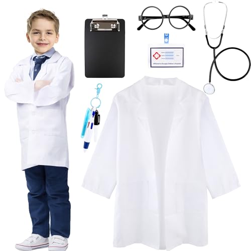Arzt-Kostüm-Set für Kinder, Weiß, Laborkittel, Stethoskop, Ausweis mit Arzt, Requisiten für Mädchen, Jungen, Halloween, Geburtstag, Karriere, Partyzubehör (3–4 Jahre (100–110 cm), 6 Stück von Swakuta