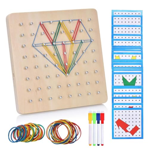 Swavitie Montessori Holz Geoboard Spielzeug mit 24 Musterkarten und 40 Gummibändern 4 Stiften Montessori Spielzeug ab 3 4 5 Jahre Motorikspielzeug Lernspielzeug für Kinder Geschenk(18 cm x 18 cm) von Swavitie