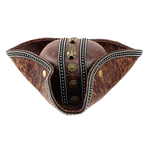 Sweeaau Brauner PU-Leder-Piratenhut für Damen und Herren, Tricorn-Pirat für LARP Cosplay Kostüm Zubehör weich gefüttert Cosplays von Sweeaau