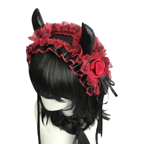 Sweeaau Teufelshorn-Stirnband, Spitzen-Kopfschmuck für Damen, Mädchen, Musikfestival, Halloween, Rollenspiel, Halloween, Csotume-Accessoire, Gothic-Spitzen-Kopfschmuck von Sweeaau