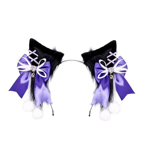 Sweeaau Wolf Rollenspiel-Outfit, Zubehör, pelziger Schwanz, Plüsch-Ohr-Stirnband mit Schleife, Dekoration, für Damen, Halloween, Tierkostüm, pelziges Wolfsohr-Stirnband von Sweeaau