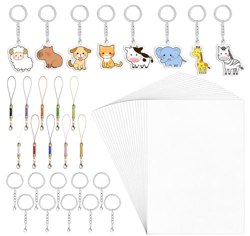 Sweelov 20 Stück Schrumpffolie Bedruckbar mit 10 Schlüsselanhänger und 10 bunten Anhängern - A4 Transparent Schrumpffolienplatten - Matt Schrumpfende Plastikfolie zum basteln Deko Folie für Handwerk von Sweelov