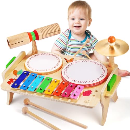 Sweet time Kinder Trommel Set, Musikinstrumente Kinder Set Musik Kinderspielzeug mit Xylophon, Holz Spielzeug Baby Musikspielzeug Montessori Lernspielzeug Schlagzeug für Kleinkinder Jungen Mädchen von Sweet time