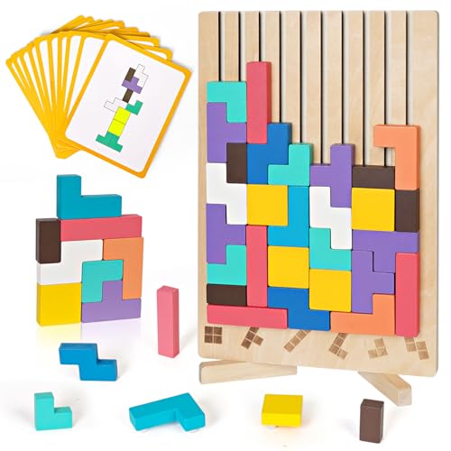 Tetris Holzspie, Montessori Spielzeug ab 3 4 5 6 Jahr, 42 Stück Tetris Spiel Intelligenz bunten Bausteinen, Iq Spiele, Gehirn Spielzeug, Geschenk für Kinder von Sweetone