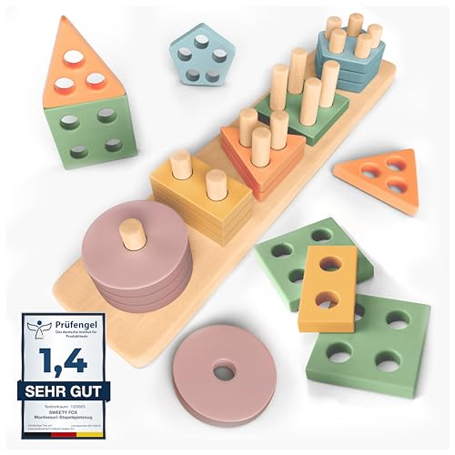 Sweety Fox Montessori Spielzeug ab 1 Jahr - Holz Sortier & Stapelspielzeug, 1 2 3 Jahre -Aktivitäts & Entwicklungsspielzeug aus Holz in Pastellfarben – Montessori - Lernspielzeug für Kleinkinder von Sweety Fox
