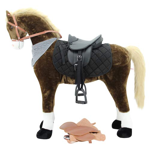 Sweety Toys 11056 Plüsch Pferd XXL Giant Riesen Stehpferd Reitpferd Chocolate Größe ca.125 cm Kopfhöhe bis 100 kg belastbar, Farbe Chocolate mit Heller Mähne und hellem Schweif mit Sattel von Sweety Toys