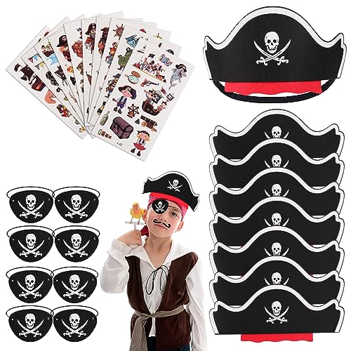 Piraten Kindergeburtstag Set 8 pcs Piratenhut Kinder 8 pcs Augenklappe Pirat Filz Augenmaske 10 pcs Piraten Tattoos Schädel Piraten Hut Accessoires für Geburtstag Halloween Maskerade Piratenparty von Swiecedon