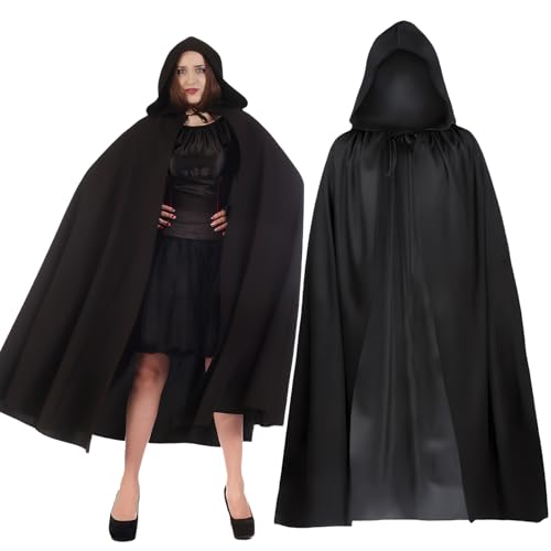 Swiftctrl Halloween Umhang mit Kapuze – Schwarzes Cape für Kinder & Erwachsene, Satin Umhang 90/120/150cm, Vampir Hexe Cosplay Kostüm für Karneval, Fasching, Party, Unisex Verkleidung (M(1.4-1.7M)) von Swiftctrl