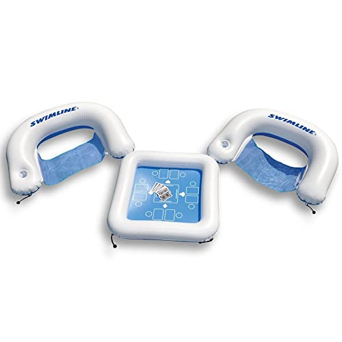 Swimline Original aufblasbare Spieltischstation mit Wasserdichten Spielkarten und Zwei aufblasbaren Slingstühlen mit Getränkehaltern, doppelseitiges Spielset, Poker- und Kartenspiele, Schach und Dame von Swimline