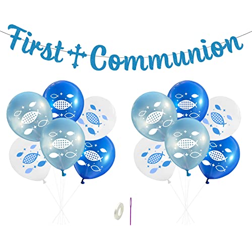 Erstkommunion Deko Banner, Erste Kommunion Girlande und 12 Blaue und Weiße Kommunion Deko Luftballons mit Ballonband für Jungen Mädchen Kommunion Party Taufe Geburtstag von SwirlColor