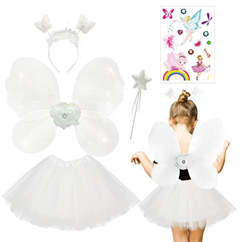 Fee Kostüm Mädchen, Weiß Tutu Flügel, Stirnband, Zauberstab-Set, Schmetterlingsfeenkostüm, 4 Stück von SwirlColor