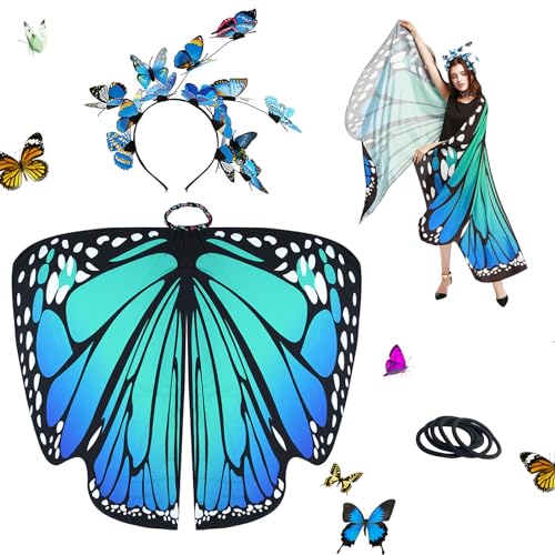 Schmetterling Kostüm Damen Flügel, Wunderschöne Blau-Grüne Damen Schmetterlingsflügel Erwachsene mit Schmetterling Stirnband Halloween Schmetterling umhang für Frauen Party Kostüm Zubehör von SwirlColor