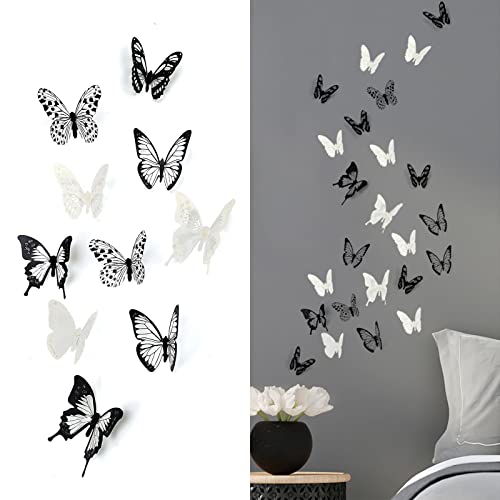 Schmetterling Wandaufkleber, 36 Stück 3D Schmetterling Aufkleber Schwarz und Weiß Schmetterlinge Wand Aufkleber für Heimdekoration Schlafzimmer Wohnzimmer Büro von SwirlColor