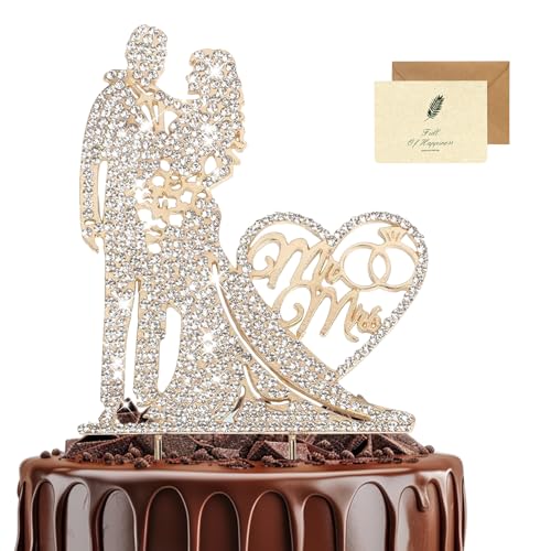 SwirlColor Cake Topper Hochzeit, Funkelnd Mr & Mrs Torten Topper Diamantene Hochzeit Braut und Bräutigam Cake Toppers mit Strass Deko Hochzeit Tortenfiguren für Verlobung Party, mit Karte von SwirlColor