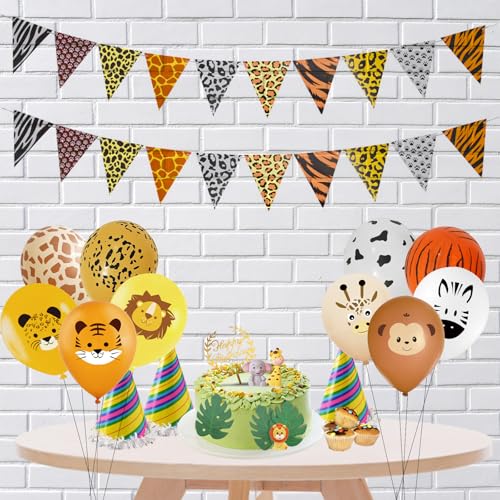 SwirlColor Dschungel Geburtstag Dekoration, 2 Stück Tier Thema Leopard Druck Bunting Banner mit 10 Stück Luftballon Tiere für Baby Dusche Geburtstagsparty Zubehör von SwirlColor