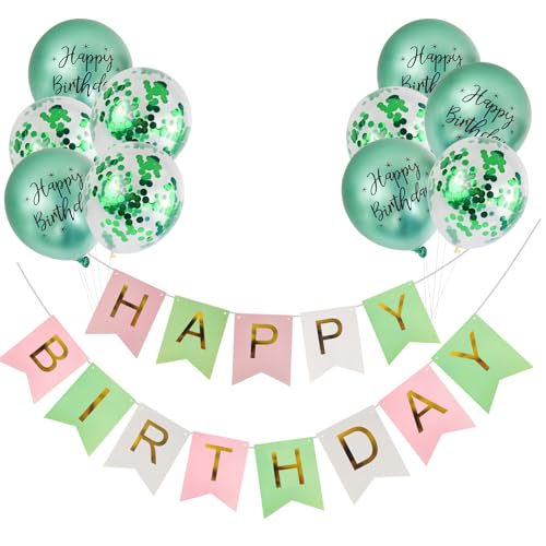 SwirlColor Happy Birthday Deko, 11pcs Happy Birthday Ballons und Banner, Geburtstagsparty Dekorationen Zubehör Perfekt für Drinnen und Draußen (Rosa, Grün, Weiß) von SwirlColor