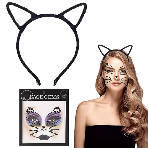 SwirlColor Katzenohren Haarreif, Halloween Schwarz Nette Pelzige Katze Catwoman Stirnband Set mit Selbstklebenden Gesicht Edelsteine Glitter für Kinder Erwachsene Fancy Kleid Cosplay Party von SwirlColor
