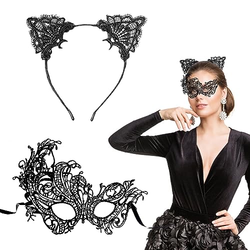 SwirlColor Katzenohren Haarreif und Catwoman Maske, Bequeme Sexy Katze Maskerade Maske für Frauen Kostüm für Halloween Party Bevorzugungen Karneval von SwirlColor