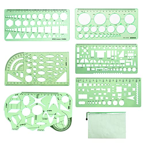 SwirlColor Lochschablone, 10-18cm Messschablonen Grüner Kunststoff Transparent Mehrere Formen Geometrische Schablonenzeichnung für die Bemalung Kids Architect School 6Stück, Mit A5 Zip Bag 1Stück von SwirlColor