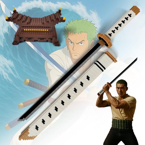 One Piece Schwerter, XL Pro Klemmbausteine Schwert, 61,5 cm Building Block Schwert mit Scheide und Ständer, Katana Geschenk für Erwachsene Jungen, über 1000 Teile (Wado-Ichi-Monji) von Swords and more