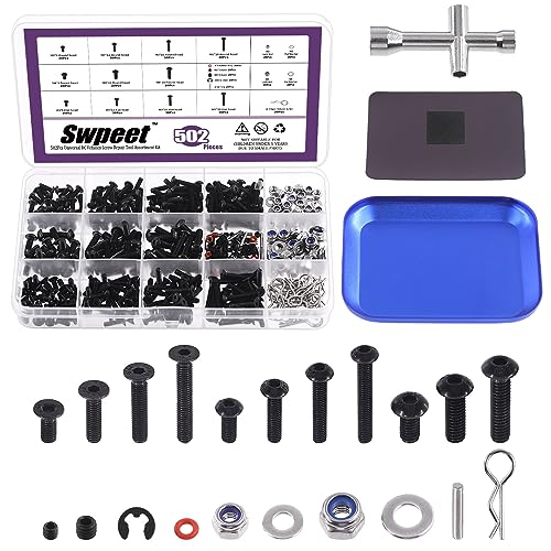 Swpeet 502Pcs Universal RC Schraube Kit Schrauben Sortiment Set, Hardware Befestigungen kompatibel mit 1/8 1/10 1/12 1/16 Skala RC Autos, beinhaltet M3&M4 Schrauben (flacher von Swpeet