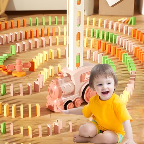 Domino Zug Spielzeug, 60 Stuck Domino Baustein Zug Set, Automatischer Dominosteine Zug Spiel mit Ton, Stapeln Spielzeug,Kreative Kinder Spiele, für Mädchen Jungen ab 3 Jahren von Swsdee
