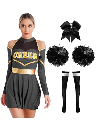 Sxiwei 4 Stück Cheer Leader Kostüm Damen Langarm Cheerleading Uniform mit Pompons Socken Haarband Halloween Karneval Fasching Schwarz A M Sxiwei 4 Stück Cheer Leader Kostüm Damen Langarm Cheerleading Uniform mit Pompons Socken Haarband Halloween Karneval Fasching Schwarz A M von Sxiwei