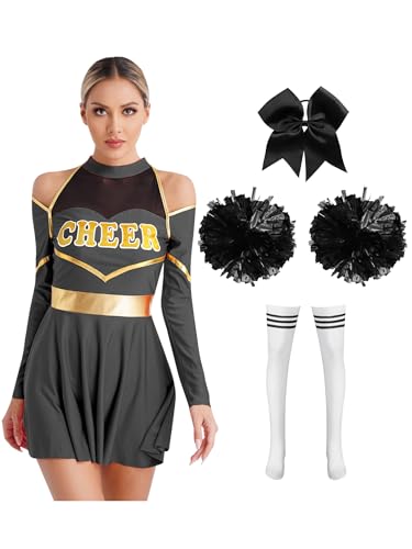 Sxiwei 4 Stück Cheer Leader Kostüm Damen Langarm Cheerleading Uniform mit Pompons Socken Haarband Halloween Karneval Fasching Schwarzes B XL Sxiwei 4 Stück Cheer Leader Kostüm Damen Langarm Cheerleading Uniform mit Pompons Socken Haarband Halloween Karneval Fasching Schwarzes B XL von Sxiwei