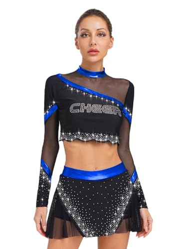 Sxiwei Damen Cheer Leader Kostüm Zweiteiliger Langarm Crop Top +Plissee Minirock Strass Cheerleading Uniforms Fasching Königsblau L von Sxiwei