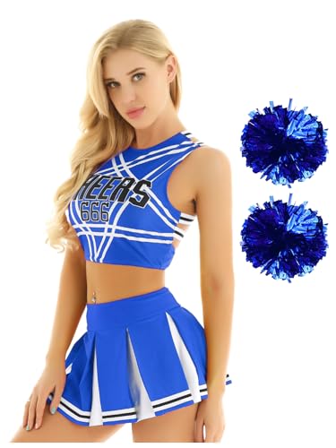 Sxiwei Damen Cheerleadering Uniform Party Schulmädchen Schule Cosplay Kostüm Set 3 Stück Ärmelloses T-Shirt + Faltenrock+Pompoms Blau A L von Sxiwei