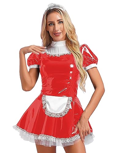 Sxiwei Damen Glänzendes Lackleder Dienstmädchenkleid A-Linien-Kleid Französisch Maid Kostüm Dienstmädchen Cospaly Uniform Dessous Rot L von Sxiwei