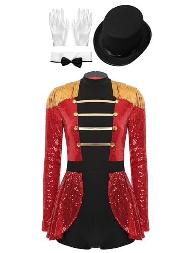 Sxiwei Damen Pailletten Zirkus Ringmaster Bodysuit Top Hut Handschuhe Set für Halloween Magier Party Rot 4XL Sxiwei Damen Pailletten Zirkus Ringmaster Bodysuit Top Hut Handschuhe Set für Halloween Magier Party Rot 4XL von Sxiwei