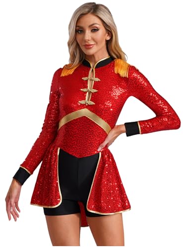 Sxiwei Damen Zirkus Kostüm mit Pailletten Zirkusdirektor Langarm Bodysuit Stehkragen Tanzkostüm Karneval Fasching Rot M von Sxiwei